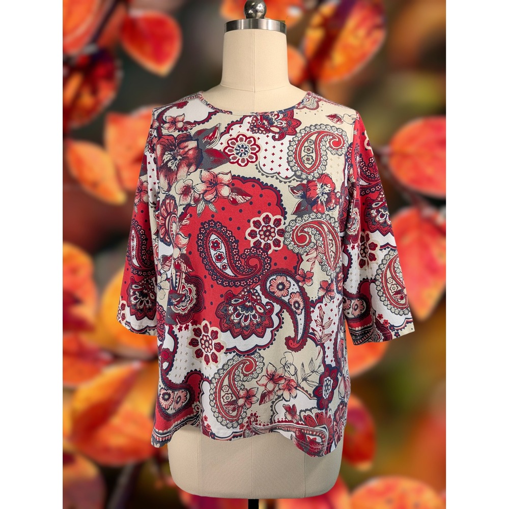 Denim & Co Paisley Floral Knit Top Red Cream Elbow Sleeve Plus Size 1X Boho